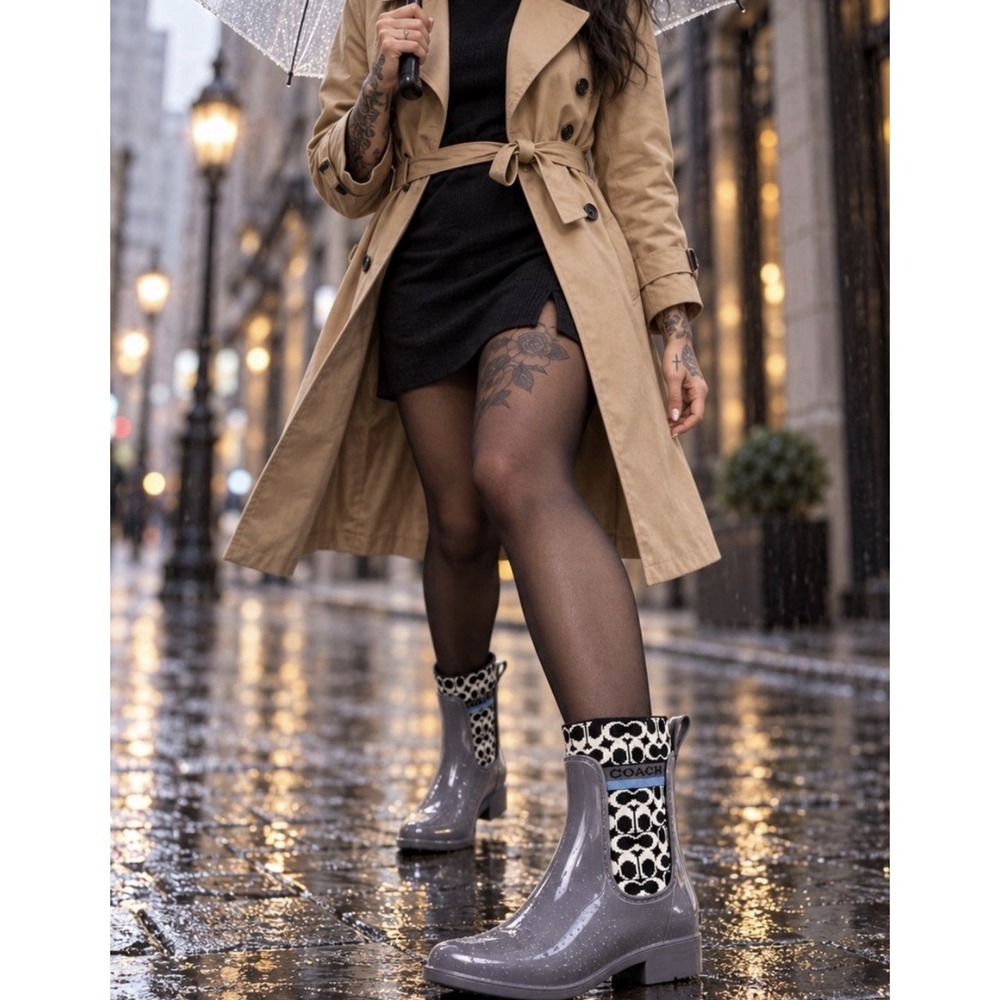 Coach Rivington Rubber Rain Boots Women 10 Heather Grey Signature